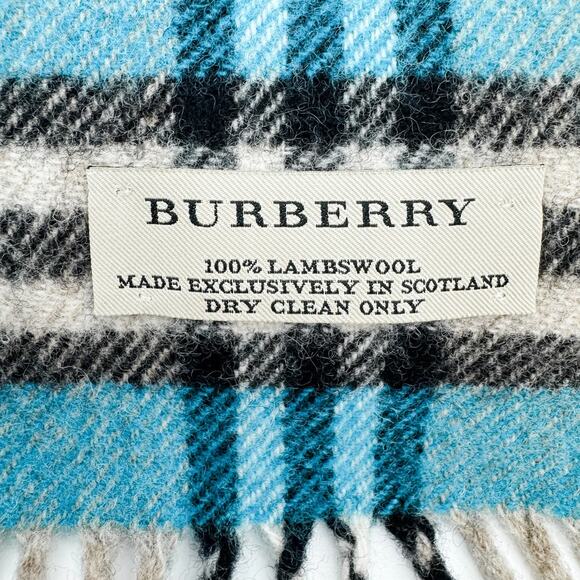 Burberry Scarf Lambswool Authentic Wool Blue Plaid Nova Check Winter Fringe Tan - Picture 3 of 9